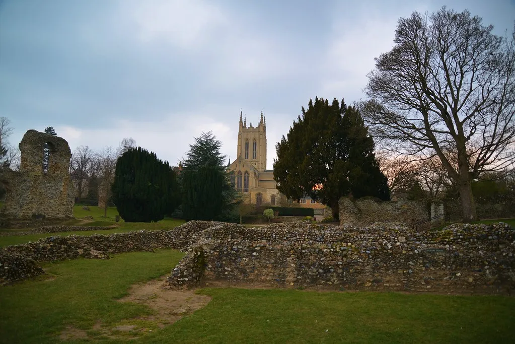 St Edmundsbury Cathedral seen across the abbey ruins in Bury St Edmunds